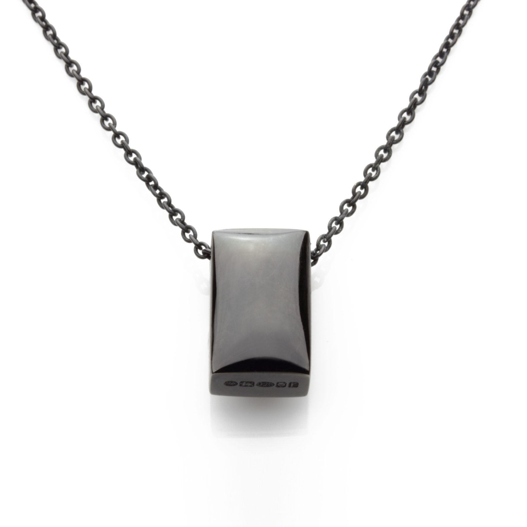 Rectangular 'Pillow' pendant on chain in highly polished ruthenium ...